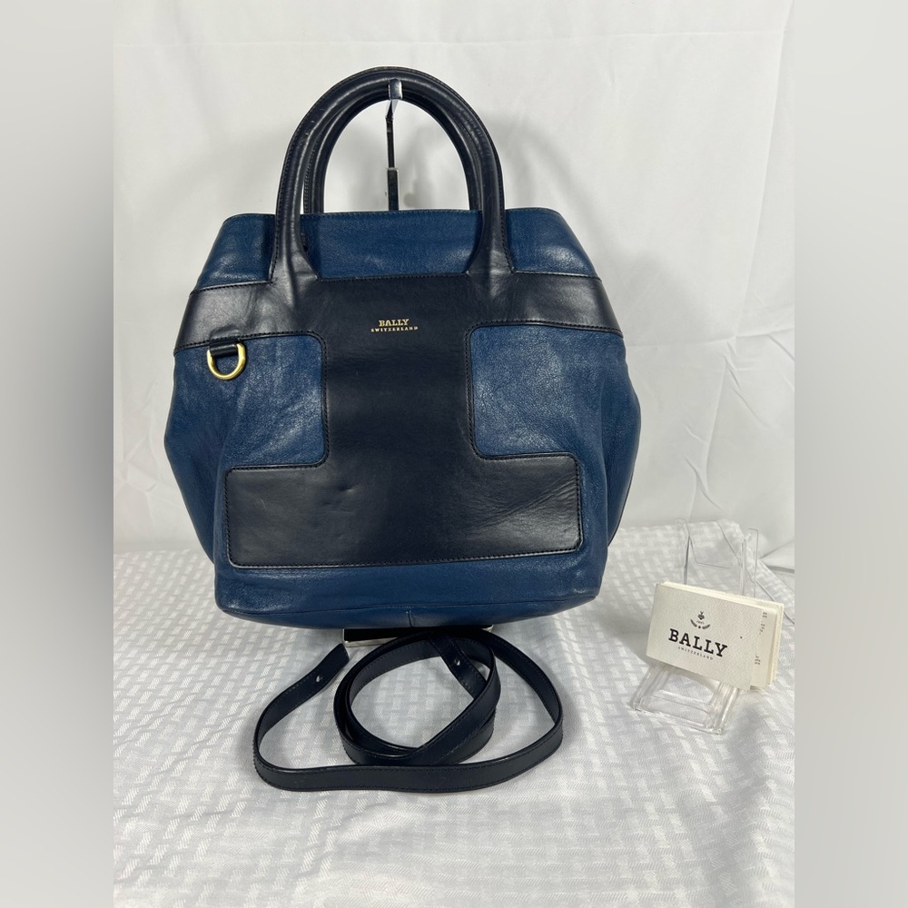 3165: Bally Two-Tone Leather Satchel Crossbody Bag Navy & Black